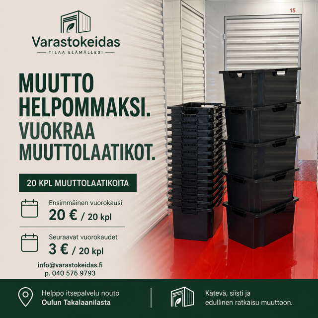 Vuokraa muuttolaatikot Varastokeitaalta — 20 kpl 20 €/20 vrk, yksittäinen 3 €/20 vrk. Hiltusenkaarre 3, Oulu.