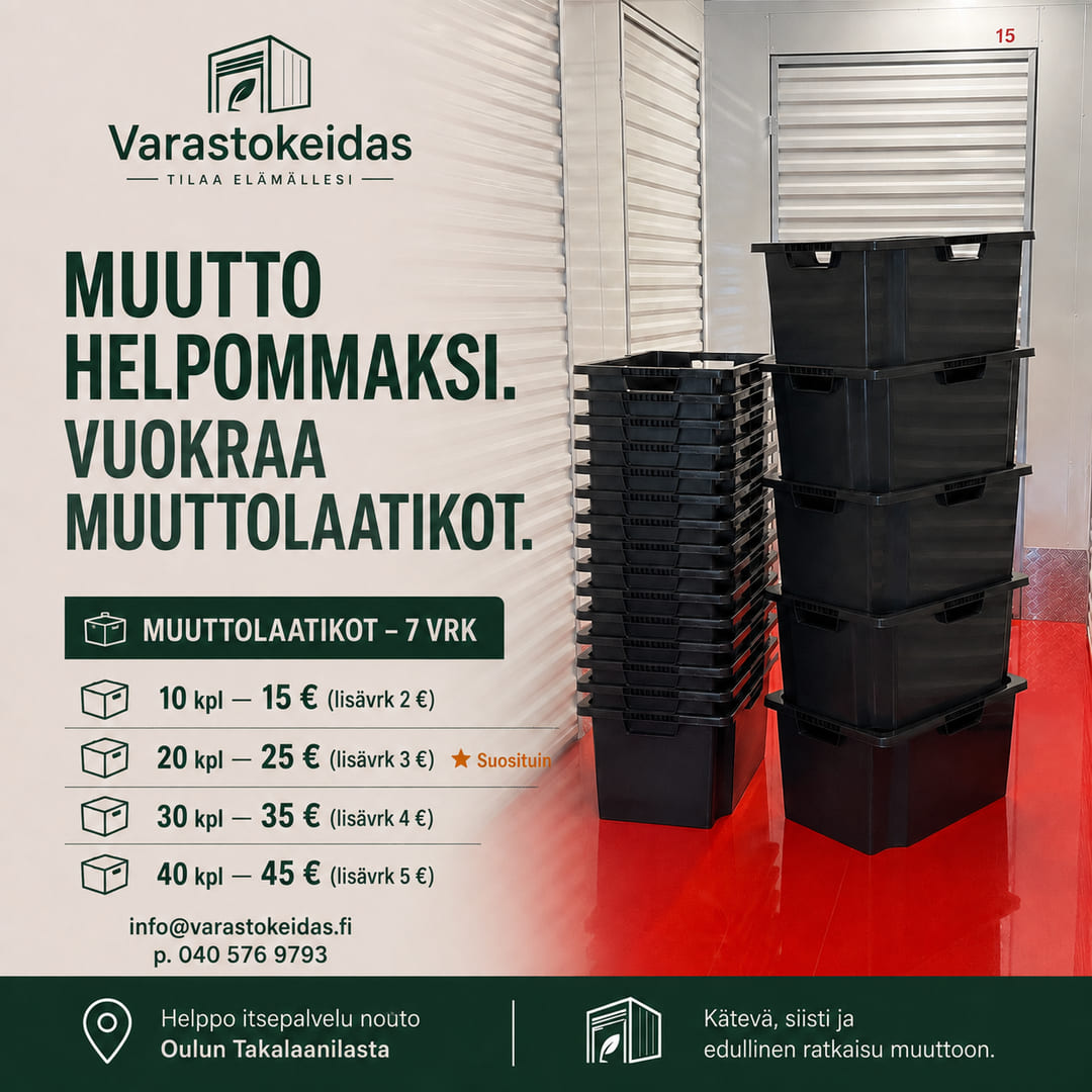 Muuttolaatikot 7 vrk: 10 kpl 15 €, 20 kpl 25 €, 30 kpl 35 €, 40 kpl 45 € — Varastokeidas, Oulun Takalaanila
