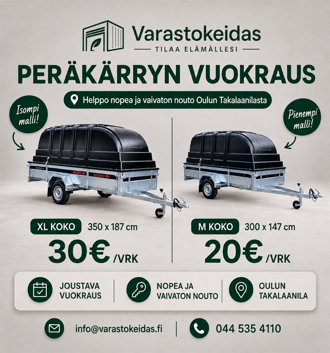 Peräkärryn vuokraus Oulun Takalaanilasta — XL-koko 350×187 cm 30 €/vrk, M-koko 300×147 cm 20 €/vrk